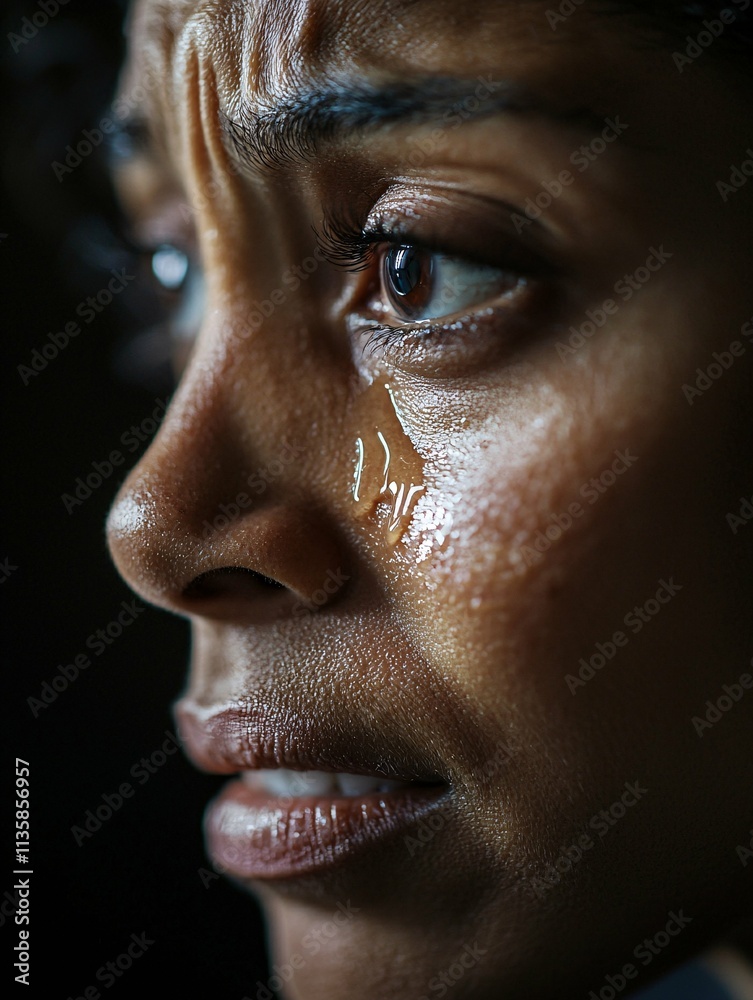 Fototapeta premium A close-up portrait of a woman in tears of joy captures genuine emotion, illuminated by studio lighting that enhances her heartfelt expression.