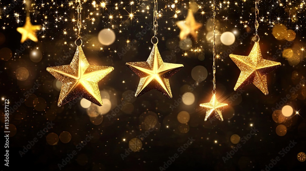 Golden Sparkling Stars Hanging Against a Dark Bokeh Background with Glittering Lights Creating a Magical and Festive Atmosphere for Celebrations and Events Golden Sparkling Stars Hanging Against a Dark Bokeh Background with Glittering Lights Creating a Magical and Festive Atmosphere for Celebrations and Events