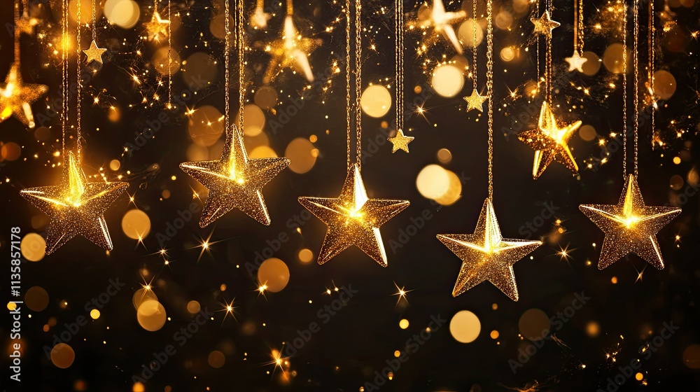 Obraz premium Elegant Gold Stars and Sparkling Lights Against Dark Background for Festive or Celebration Themes, Perfect for Holiday Decorations and Event Invitations
