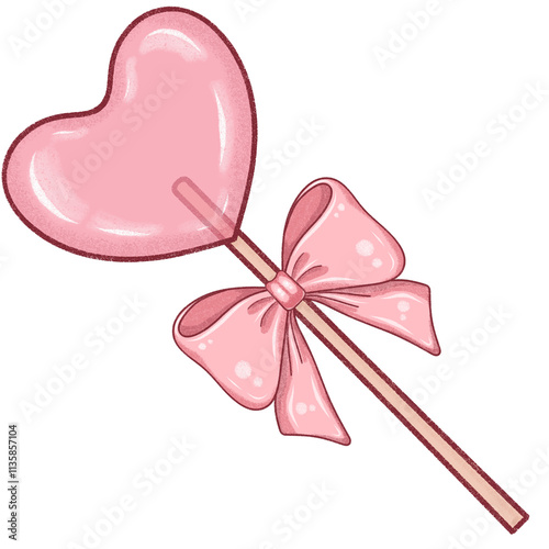 Pink Heart Lollipop Clipart with Pink Bow, Valentine's Day and Wedding Decoration. An illustration of a pink heart-shaped lollipop with a decorative pink bow, perfect for Valentine's Day, weddings.