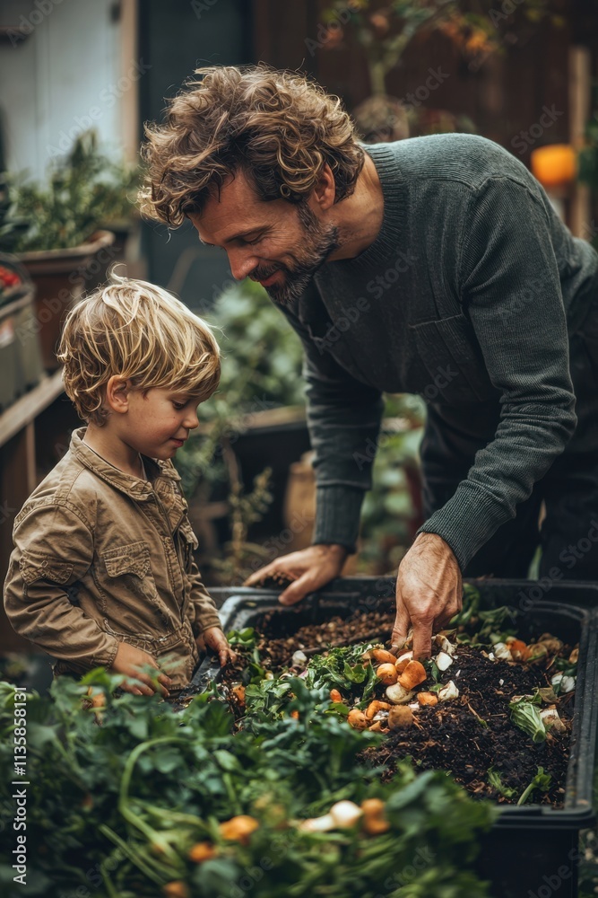 Father and child enjoying gardening together in a lush, green backyard during a sunny afternoon. Generative AI Father and child enjoying gardening together in a lush, green backyard during a sunny afternoon. Generative AI