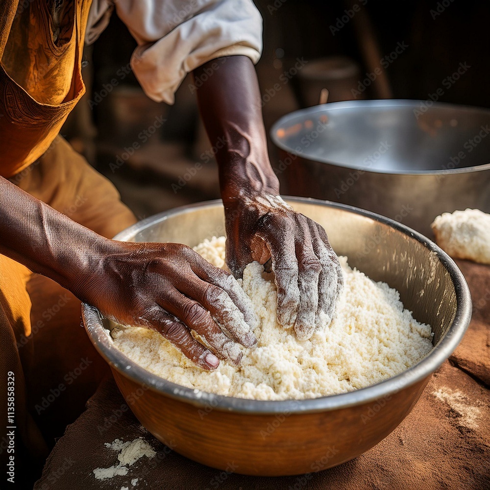 Fototapeta premium Hands Kneading Dough: A Rustic African Food Preparation Scene