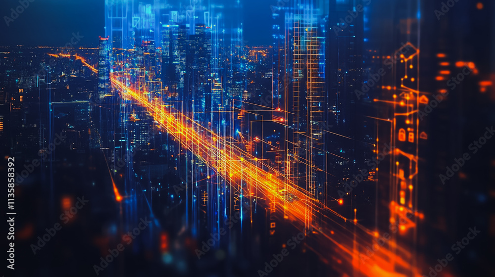Fototapeta premium Smart digital Innovation city with connection network reciprocity over the cityscape. of future smart wireless digital city and social media networking systems that connects people with in city
