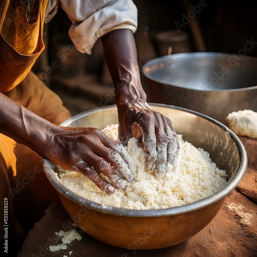 Hands Kneading Dough: A Rustic African Food Preparation Scene