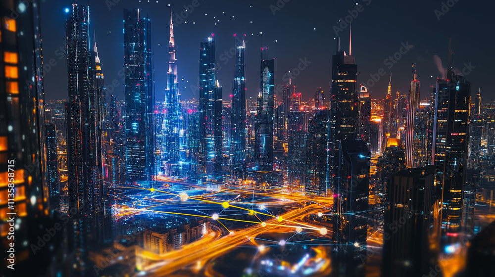 Fototapeta premium Smart digital Innovation city with connection network reciprocity over the cityscape. of future smart wireless digital city and social media networking systems that connects people with in city