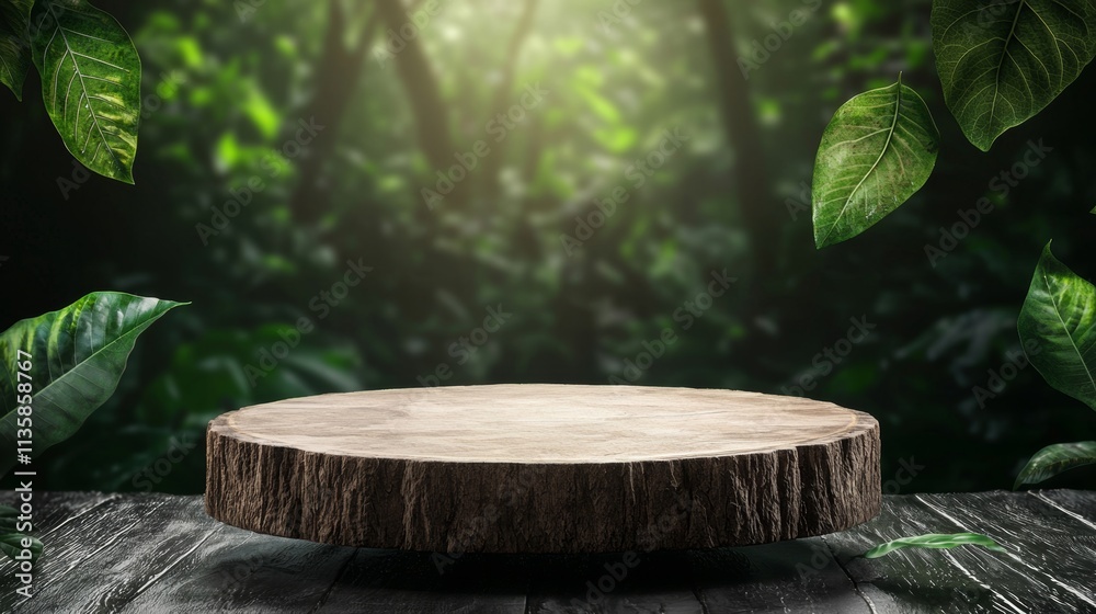 A wooden slice sits on a dark surface, surrounded by lush green foliage and soft light filtering through a forest, creating a serene, natural atmosphere. A wooden slice sits on a dark surface, surrounded by lush green foliage and soft light filtering through a forest, creating a serene, natural atmosphere.
