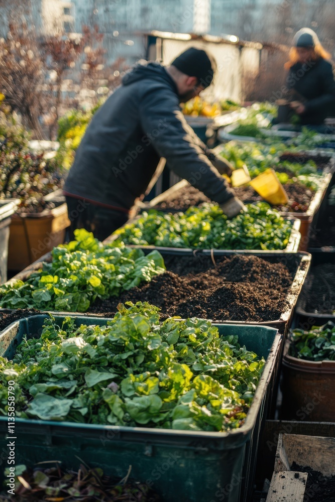Urban gardeners cultivating fresh greens in a community garden during the afternoon sunlight. Generative AI Urban gardeners cultivating fresh greens in a community garden during the afternoon sunlight. Generative AI