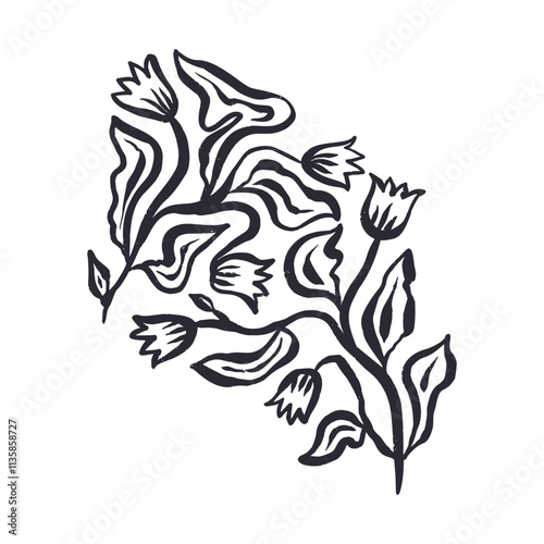 Black and white minimal abstract inky line art flower. Monochrome sketchy textured loose floral doodles. Hand drawn botanical abstraction