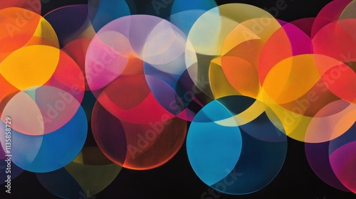 A vibrant abstract composition featuring colorful overlapping circles on a dark background.