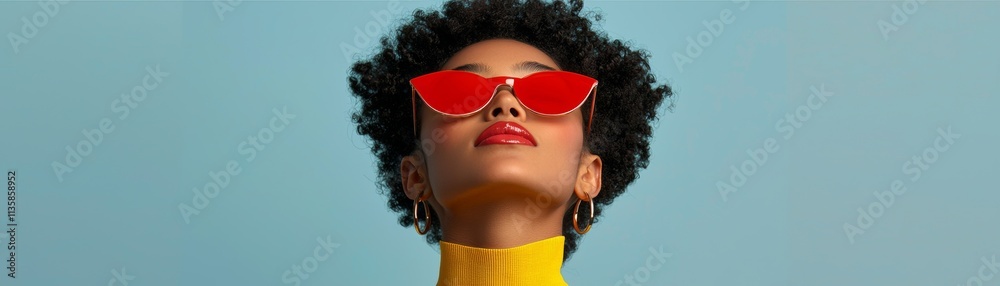 Naklejka premium A fashionable individual wearing red sunglasses and a yellow top, exuding confidence against a clear blue sky backdrop.