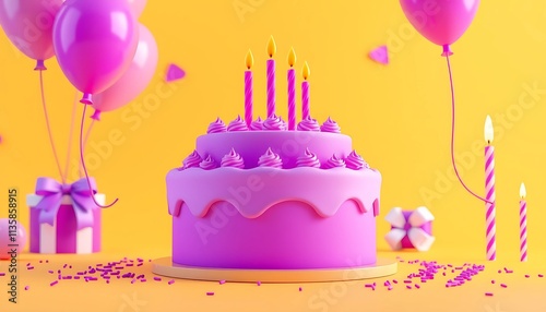 Purple and Yellow Cartoon-Style Birthday Cake Scene with Festive Candles and Balloons in 3D Design.
 photo