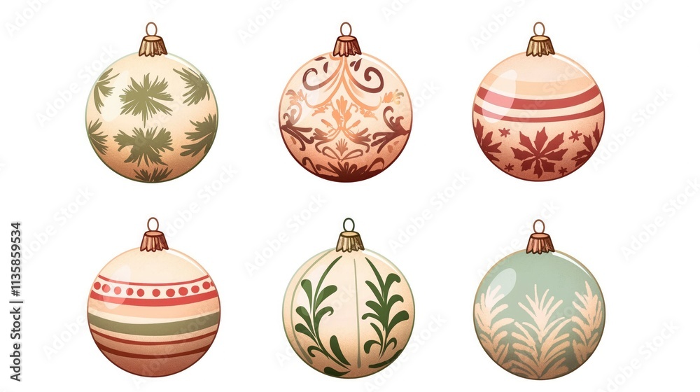 A set of watercolor Christmas light balls in different designs, applicable for winter, holiday themes. A set of watercolor Christmas light balls in different designs, applicable for winter, holiday themes.