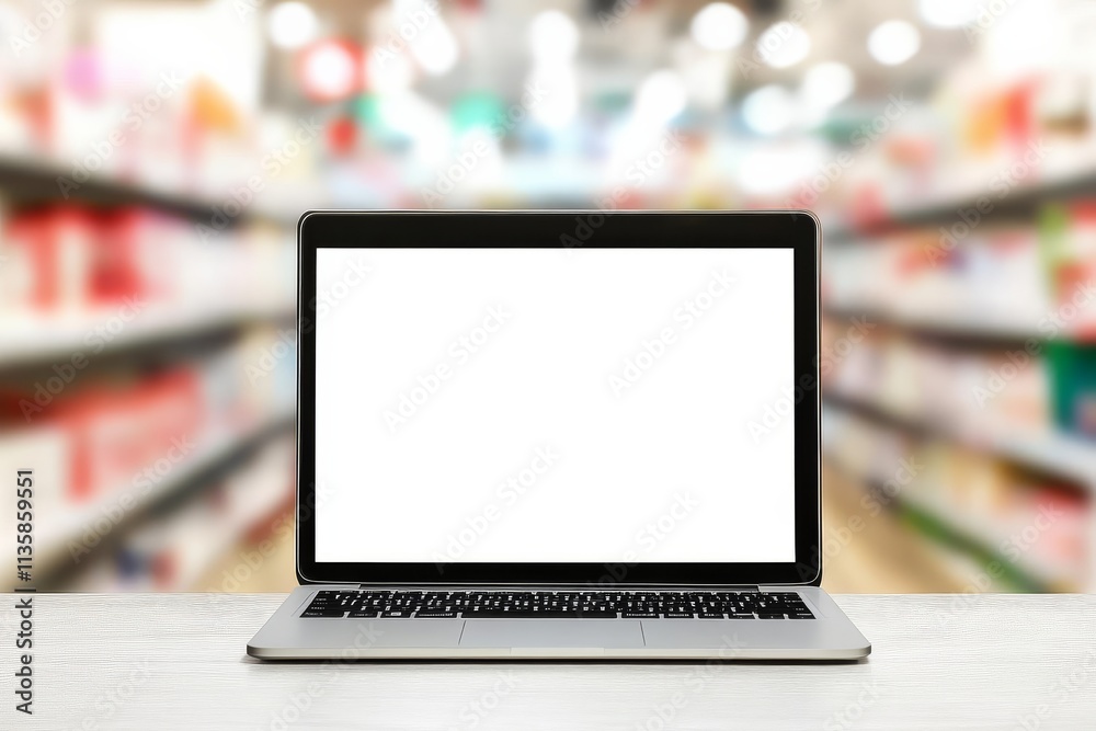 Pharmacy store counter featuring a blank screen laptop. Pharmacy store counter featuring a blank screen laptop.