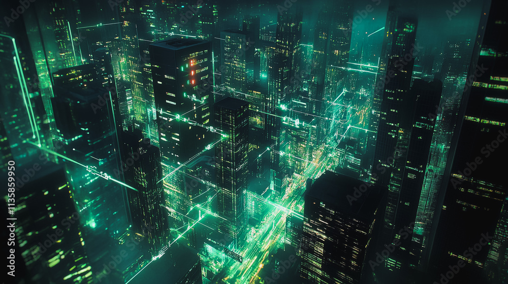 Naklejka premium Smart digital Innovation city with connection network reciprocity over the cityscape. of future smart wireless digital city and social media networking systems that connects people with in city