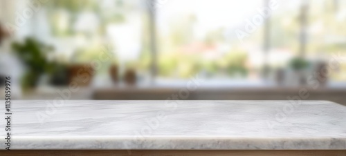 Elegant marble table top set against a softly blurred kitchen cafe interior.