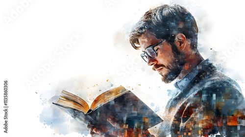 Thoughtful young man with glasses absorbed in reading a book surrounded by abstract colorful patterns representing creativity and imagination in a modern setting
