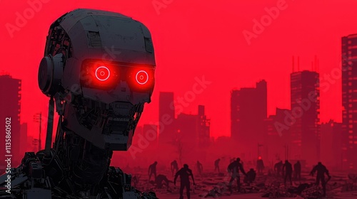 Futuristic Robot in Post-Apocalyptic Cityscape with Red Sky
