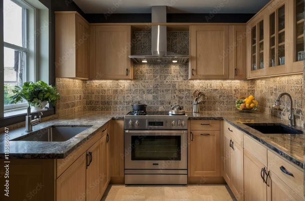 Fototapeta premium Classic Kitchen Design With Beige Square Ceramic Kitchen Backsplash