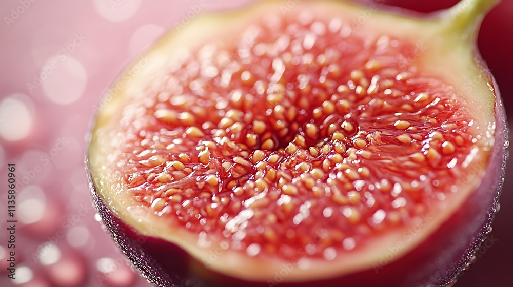 Close-up of a halved fig, vibrant interior glowing under diffused warm light, tiny water droplets enhancing its freshness, delicate mauve background providing a soft contrast, cinematic sharpness, Close-up of a halved fig, vibrant interior glowing under diffused warm light, tiny water droplets enhancing its freshness, delicate mauve background providing a soft contrast, cinematic sharpness,