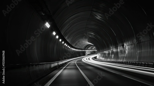 Dramatic Black and White Long Exposure of a Curving Tunnel with Illuminated Lights and Motion Blur Creating a Sense of Speed and Movement