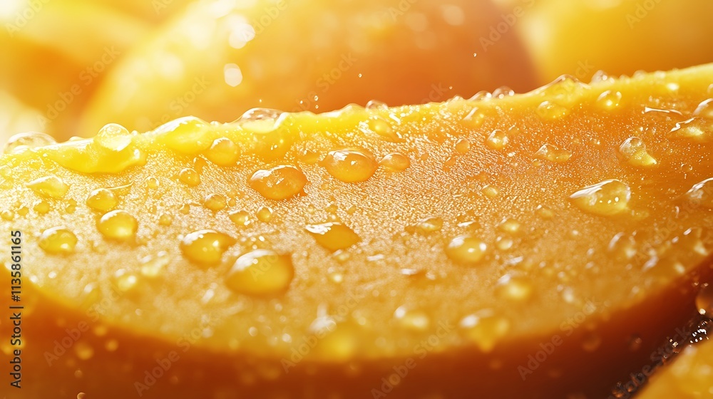 A vibrant mango slice highlighted by golden sunlight, water droplets scattered across its smooth surface, glowing orange-yellow pulp creating a luscious tropical feel, A vibrant mango slice highlighted by golden sunlight, water droplets scattered across its smooth surface, glowing orange-yellow pulp creating a luscious tropical feel,