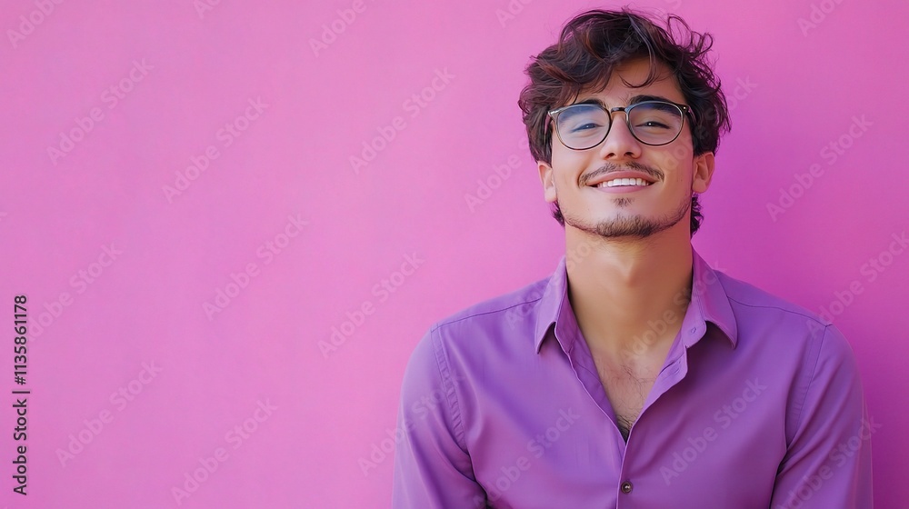 Young and Handsome Man Smiling in Purple Shirt Against Pink Background Young and Handsome Man Smiling in Purple Shirt Against Pink Background