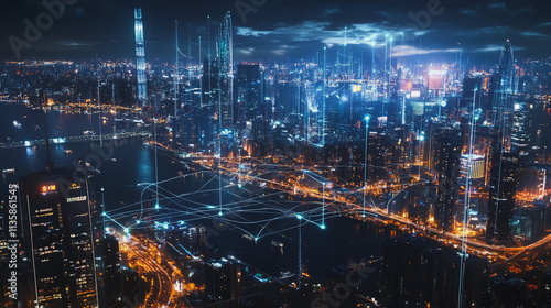 Wallpaper Mural Smart digital Innovation city with connection network reciprocity over the cityscape. of future smart wireless digital city and social media networking systems that connects people with in city Torontodigital.ca