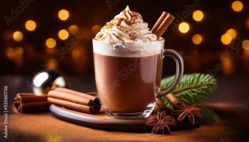 Warm Spiced Hot Chocolate: Festive Whipped Cream, Cinnamon, and Star Anise