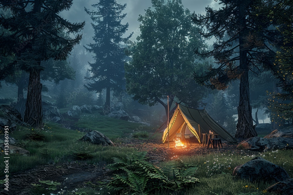 A lone campsite with a burning campfire sits amongst towering trees in a dense forest shrouded in mist at dusk A cozy campsite nestled among towering trees and a crackling campfire A lone campsite with a burning campfire sits amongst towering trees in a dense forest shrouded in mist at dusk A cozy campsite nestled among towering trees and a crackling campfire