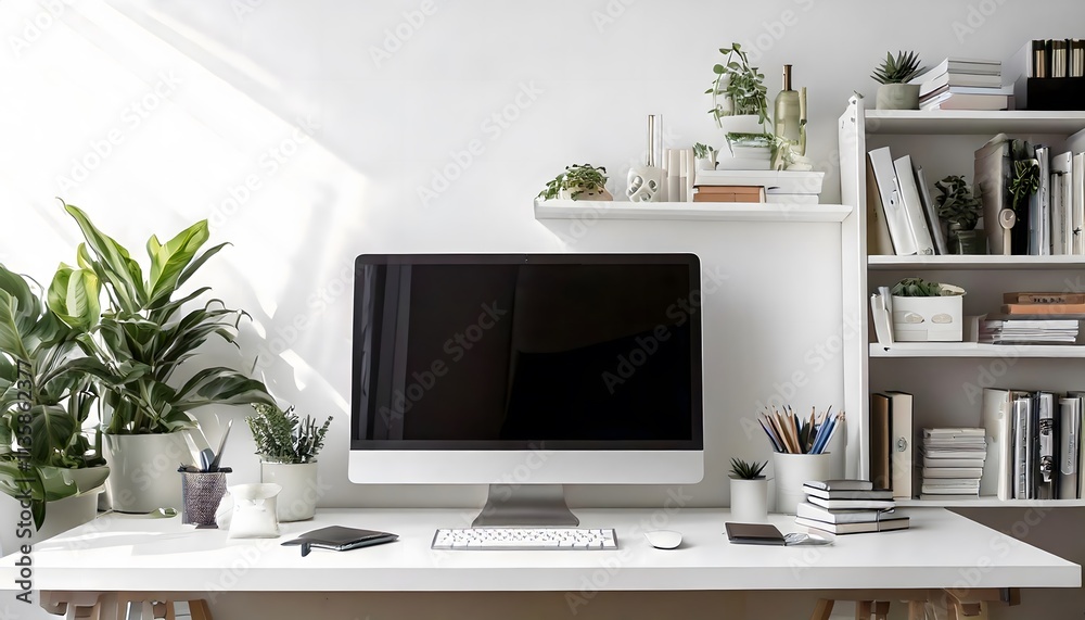 Modern Home Office Workspace Desk Computer Plants Modern Home Office Workspace Desk Computer Plants