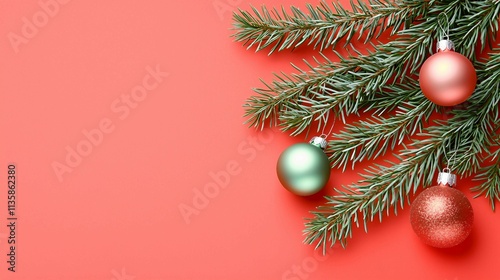 Festive Green Pine Branches with Colorful Christmas Ornaments