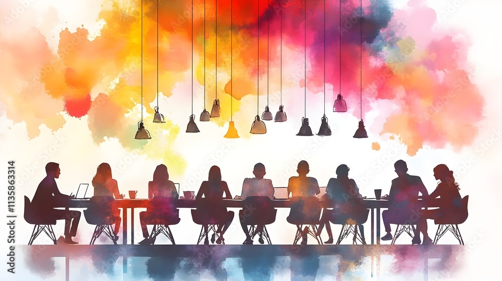 Abstract representation of a diverse group of people collaborating in a modern meeting room, surrounded by colorful artistic elements and creative lighting designs, fostering innovation and teamwork. Abstract representation of a diverse group of people collaborating in a modern meeting room, surrounded by colorful artistic elements and creative lighting designs, fostering innovation and teamwork.