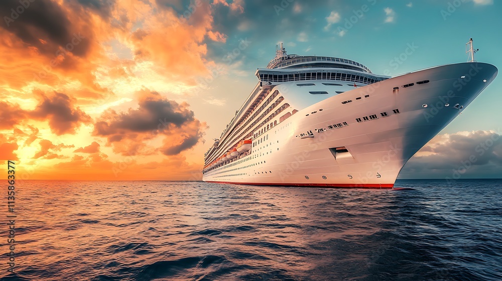 Luxury Cruise Ship at Sunset. Ocean Travel, Vacation, Cruise Liner. Luxury Cruise Ship at Sunset. Ocean Travel, Vacation, Cruise Liner.
