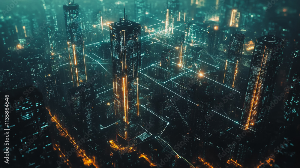 Obraz premium Smart digital Innovation city with connection network reciprocity over the cityscape. of future smart wireless digital city and social media networking systems that connects people with in city