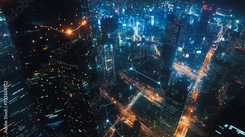 Smart digital Innovation city with connection network reciprocity over the cityscape. of future smart wireless digital city and social media networking systems that connects people with in city