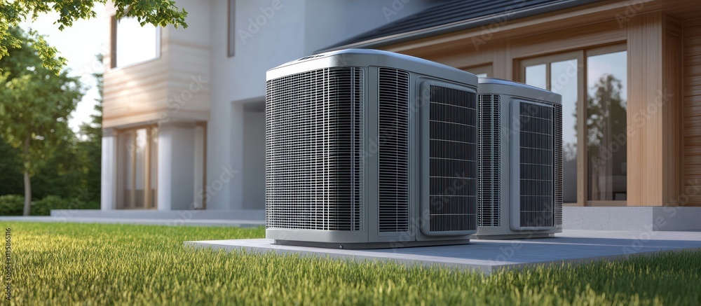 Two air conditioning units in front of a suburban house. Two air conditioning units in front of a suburban house.