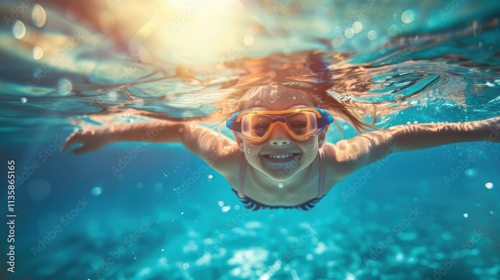 Fototapeta premium Cute smiling child having fun swimming and diving in the pool at the resort on summer vacation. Sun shines under water and sparkling water reflection. Activities and sports to happy kid