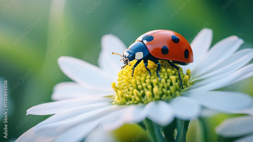 Ladybug resting on a white daisy with a vibrant green background