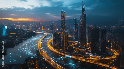 Wallpaper Mural Smart digital Innovation city with connection network reciprocity over the cityscape. of future smart wireless digital city and social media networking systems that connects people with in city Torontodigital.ca