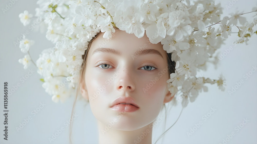 Elegant woman with floral headpiece studio setting portrait photography soft lighting ethereal beauty