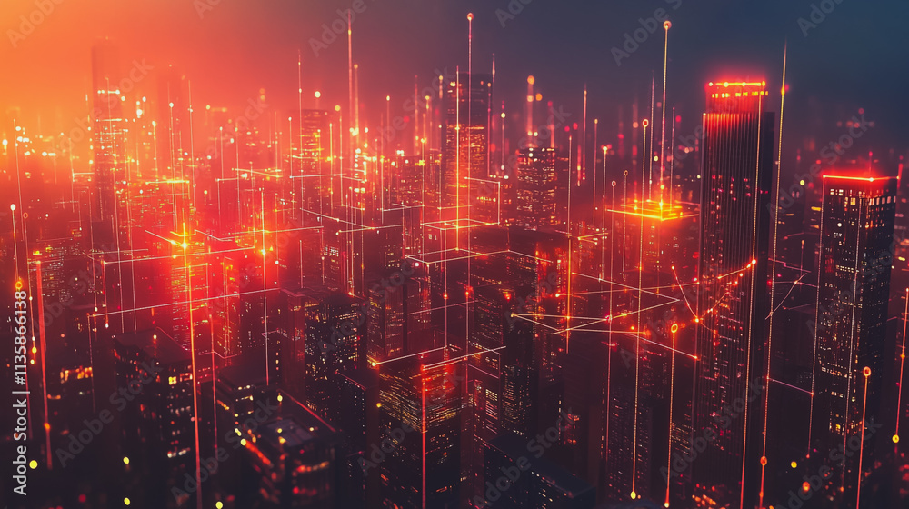 Fototapeta premium Smart digital Innovation city with connection network reciprocity over the cityscape. of future smart wireless digital city and social media networking systems that connects people with in city