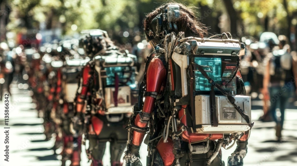 Robotic creatures marching in a futuristic urban setting Robotic creatures marching in a futuristic urban setting