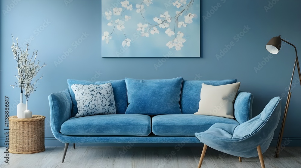 Stylish blue couch and chair arrangement modern living room interior design cozy atmosphere Stylish blue couch and chair arrangement modern living room interior design cozy atmosphere