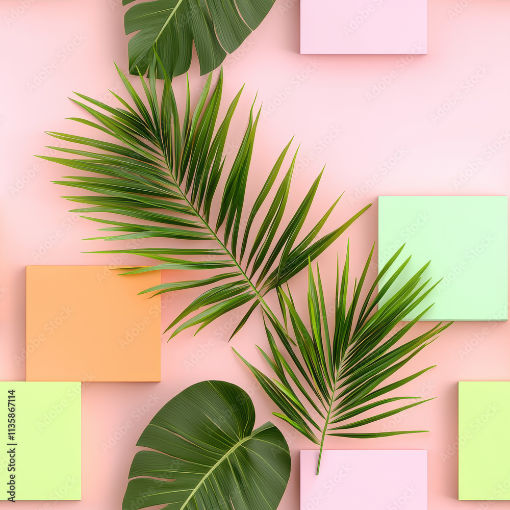 Lush green palm leaves arranged on pastel background with colorful squares create vibrant and tropical atmosphere. Perfect for summer themed designs Lush green palm leaves arranged on pastel background with colorful squares create vibrant and tropical atmosphere. Perfect for summer themed designs