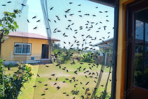 A swarm of mosquitoes enters the house through an open insect net. photo