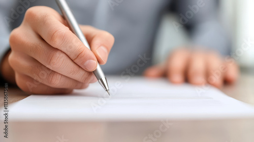 person is focused on signing document with silver pen, showcasing moment of commitment and attention to detail. setting suggests professional environment