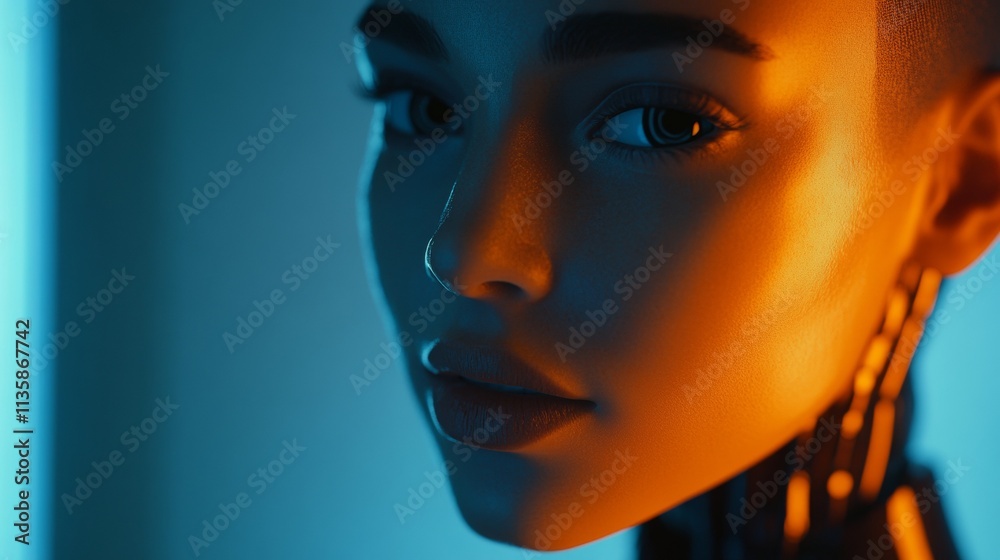 Immerse yourself in the vanguard of technological advancement with our captivating AI-robot face stock image. This meticulously crafted depiction masterfully combines the nuanced realism of human feat
