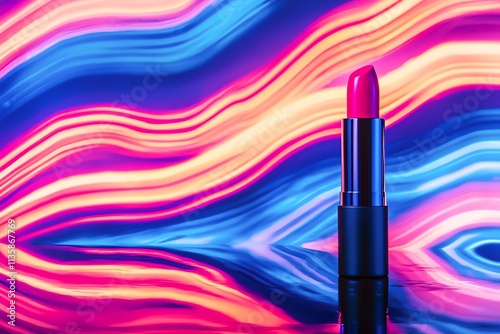 Vibrant lipstick against a colorful abstract background, ideal for beauty promotions.