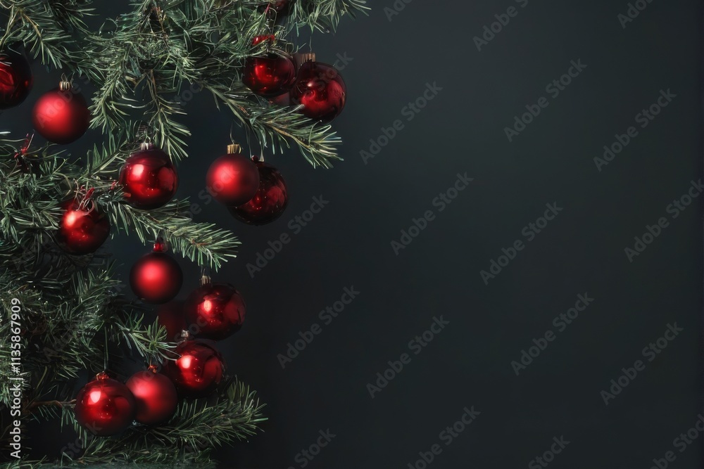 Festive Christmas tree branch with red baubles on green needles against a dark grey background, creating a cheerful atmosphere. Festive Christmas tree branch with red baubles on green needles against a dark grey background, creating a cheerful atmosphere.