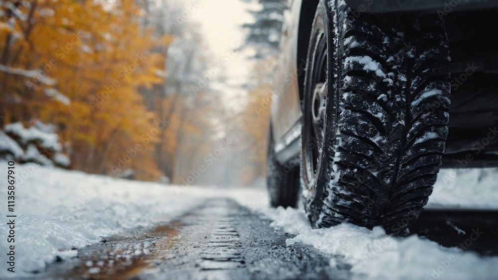 Winter Scene: Closeup of Black Car Tire on Snowy Road with Visible Tread Pattern, Parked among Trees in Blurred Background. Winter Scene: Closeup of Black Car Tire on Snowy Road with Visible Tread Pattern, Parked among Trees in Blurred Background.